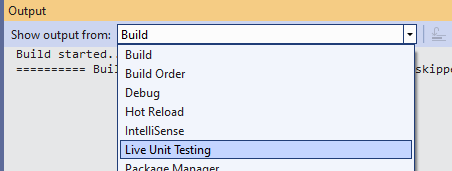 Output window, showing the section picker